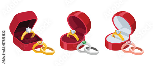 Three open red jewelry boxes each displaying a sparkling diamond ring