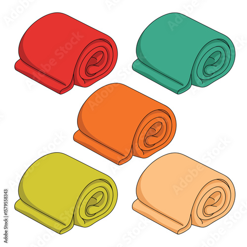 Collection of five rolled up blankets in different vibrant colors arranged in a pattern