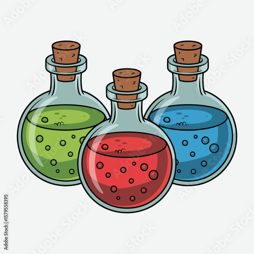 Three colorful glass potion bottles with cork stoppers containing bubbling liquids