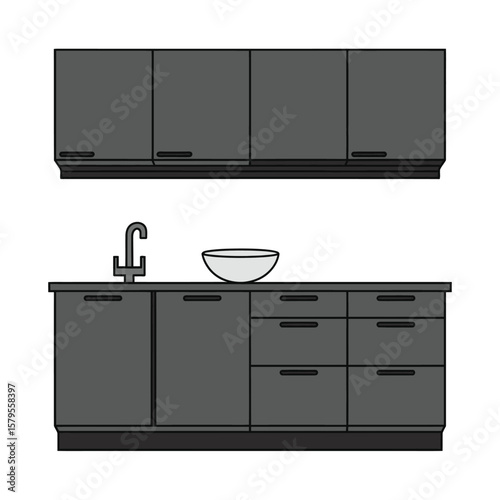 Modern gray kitchen cabinets with sink and bowl illustration