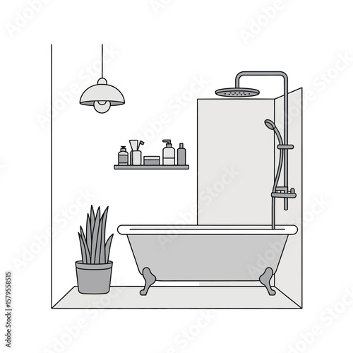 Modern bathroom interior with clawfoot bathtub shower and plant illustration