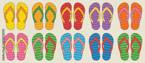 Collection of colorful striped flip flops arranged in two rows on a light background