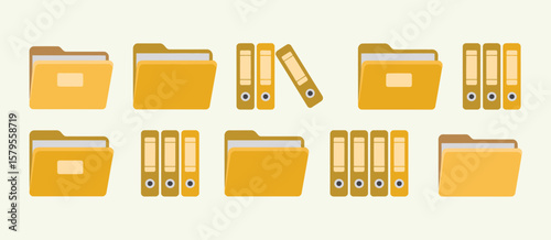 Collection of flat design yellow folders and binders for document organization