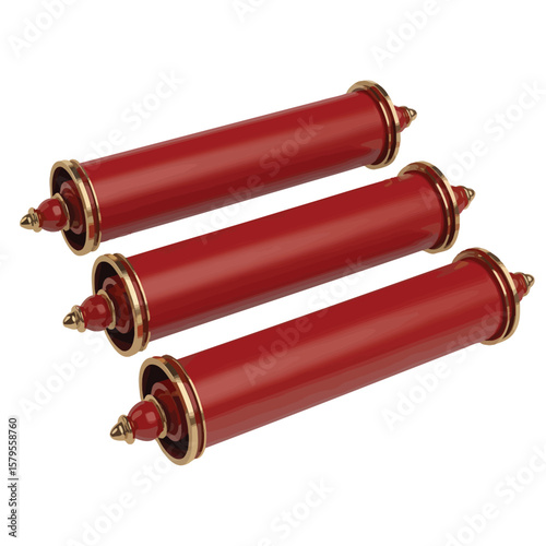 Three elegant red scrolls with ornate gold finials and trim on a white background