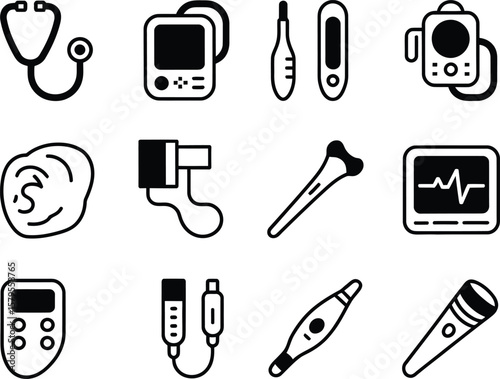Collection of medical equipment icons representing healthcare and diagnostics