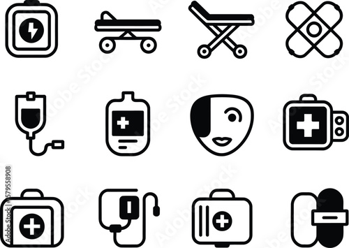 Collection of twelve medical and healthcare icons in black and white