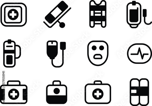 Collection of medical and healthcare icons representing various symbols and equipment