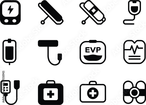 Collection of medical and healthcare icons representing emergency and treatment equipment