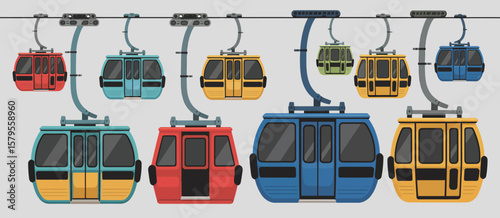 Collection of colorful flat design gondola cable cars moving on a wire