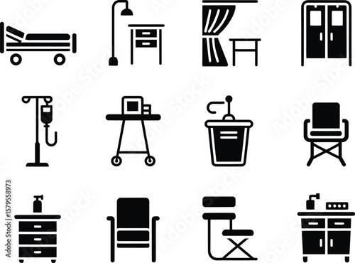 Collection of medical equipment and furniture icons for healthcare and hospital settings