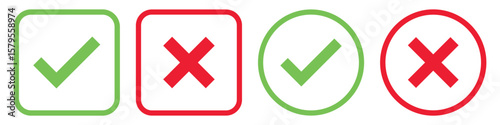 Set green approval check mark and red cross icons in circle and square, checklist signs, flat checkmark approval badge, isolated tick symbols