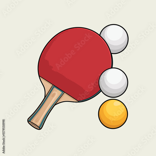 Red ping pong paddle with three balls white and yellow on a light background