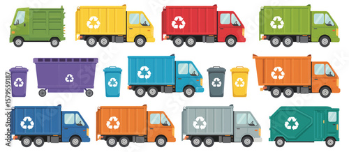 Collection of colorful garbage trucks and recycling bins with recycling symbols
