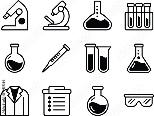 Collection of simple black and white icons representing laboratory equipment and scientific research