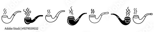 Collection of Smoking Pipe Illustrations with Rising Smoke in Black and White