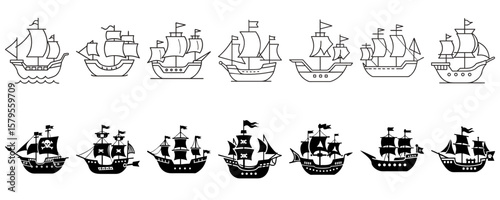 Silhouette Pirate Ships and Traditional Sailing Ships Line Art Vector Images