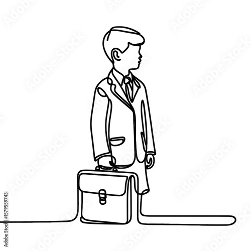 Boy in business suit holding briefcase line art on white background