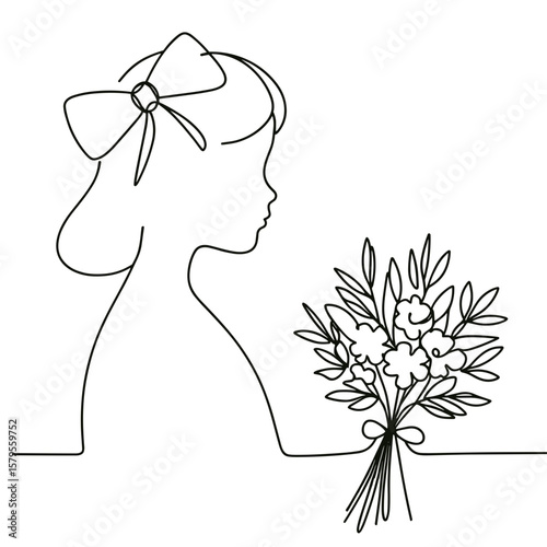 Girl with bow holding flower bouquet line art on white background