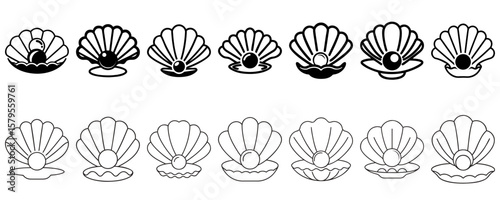 Collection of elegant seashell illustrations with pearls in outline and silhouette