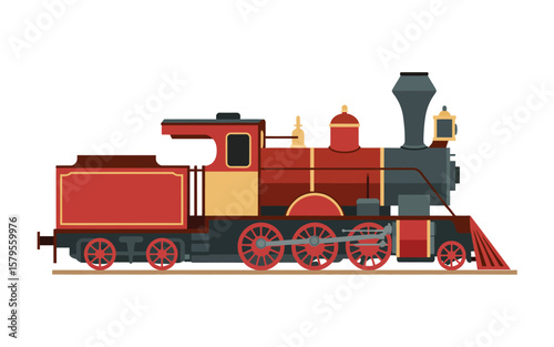 Vintage steam locomotive with red and tan colors on a white background