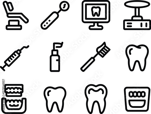 Collection of dental care icons representing equipment and procedures for oral hygiene