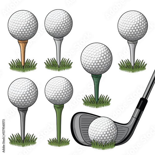 Collection of golf balls on tees and golf club ready to strike