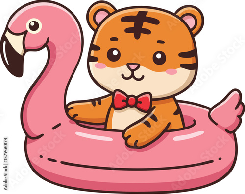 Cute tiger cub floating on pink flamingo pool float summer illustration design vector 