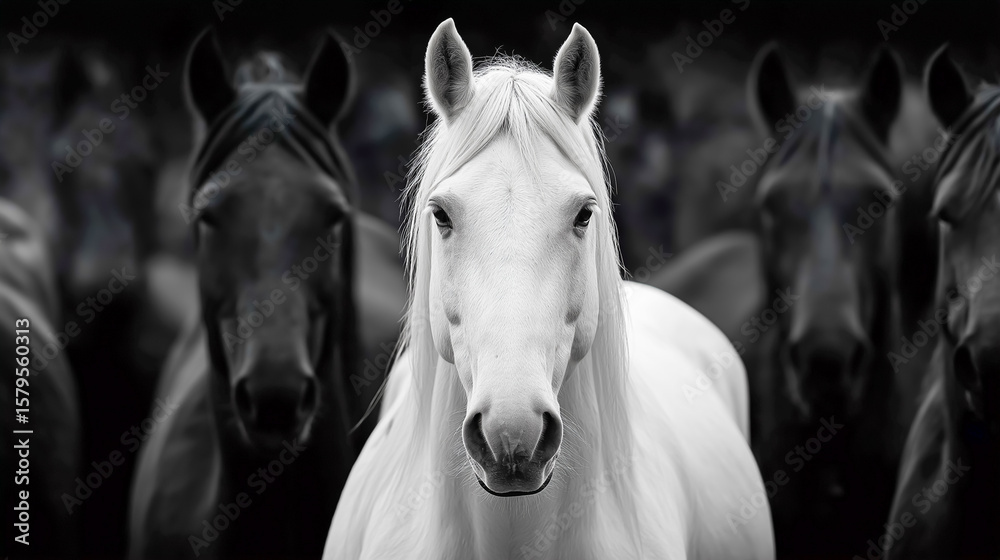 Obraz premium Striking white stallion standing confidently among dark horses in dramatic contrast