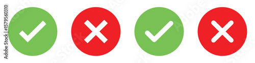 Set green approval check mark and red cross icons in circle and square, checklist signs, flat checkmark approval badge, isolated tick symbols