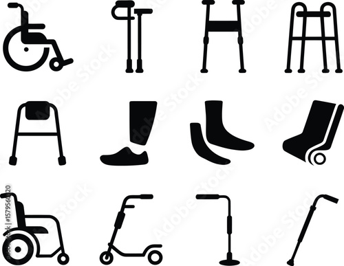 Collection of black silhouette icons representing mobility aids and medical equipment