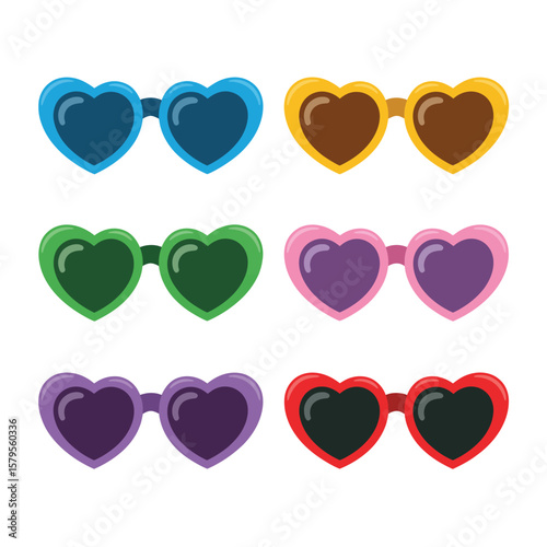 Collection of colorful heart shaped sunglasses on a white background