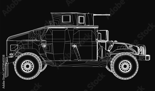 A detailed blueprint of a military combat jeep features precise technical drawings and specifications on a dark background. The design highlights armored plating, weapon mounts.