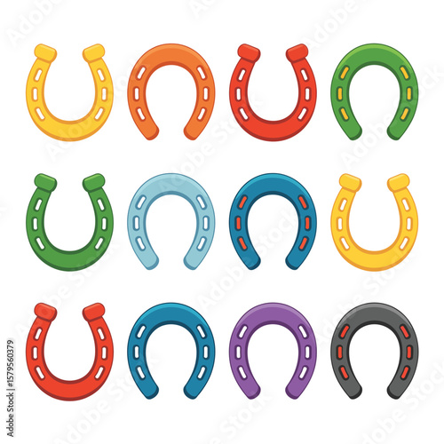 Collection of colorful horseshoe icons arranged in three rows on a white background