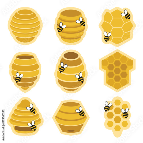 Collection of stylized cartoon bees and beehives in various shapes and sizes