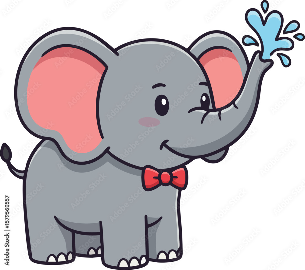 Fototapeta premium Cute cartoon elephant spraying water from trunk wearing red bow tie playful animal vector illustration 