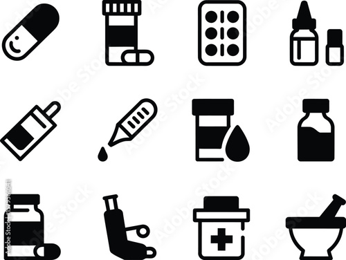 Collection of medical and pharmaceutical icons in black and white style