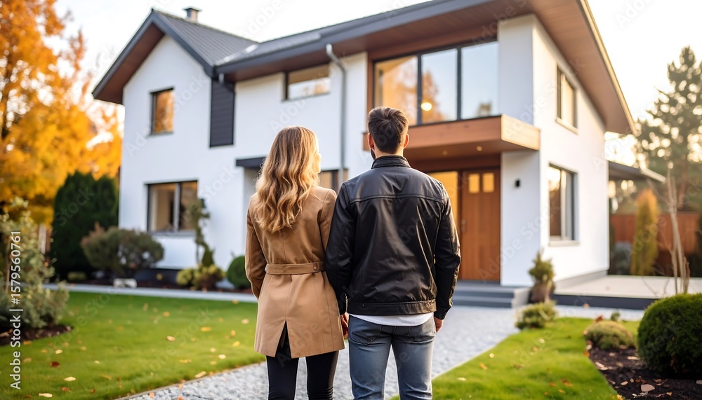 Obraz premium Couple admiring a modern house