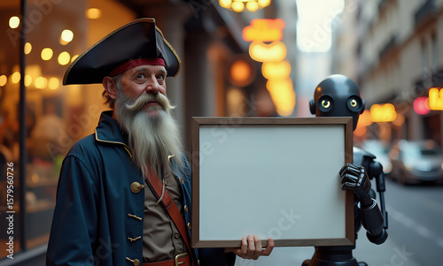 Pirate and robot holding blank sign