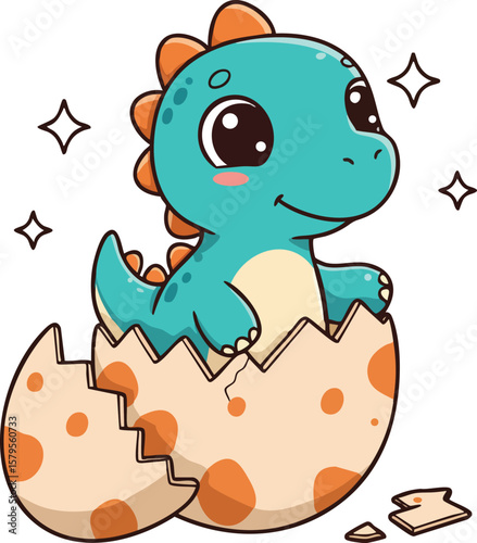 Cute baby dinosaur hatching from spotted eggshell with sparkling stars around cartoon vector illustration 