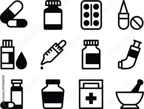 Collection of medical and pharmaceutical icons in black and white