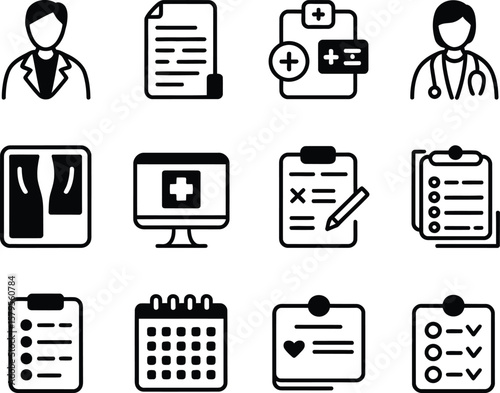 Collection of medical and healthcare icons representing doctors and patient records