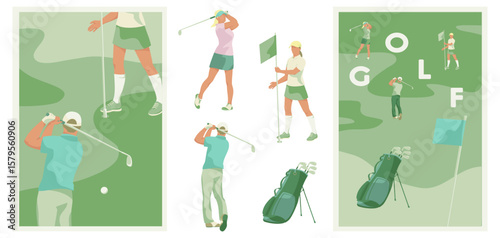 set of Golf posters and elements, Vector illustration of golf game, golfer, ball with club and hole, golf course