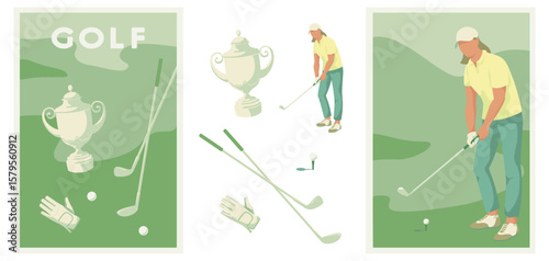 set of Golf posters and elements, Vector illustration of golf game, golfer, ball with club and hole, golf course, trophy cup