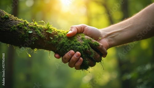 Human hand shakes branch covered in moss and plants, symbolizing nature partnership and environmental protection. This image represents unity, teamwork, and eco-friendly concepts. photo