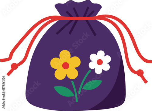 Purple drawstring pouch with yellow and white flower embroidery and red cords vector illustration