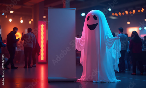 Person in ghost costume holding banner