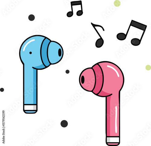 Wireless earbuds with music notes in blue and pink digital illustration vector art 