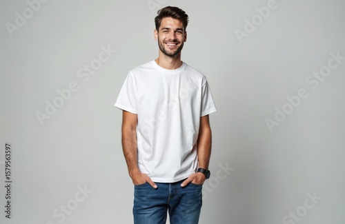 Handsome young man smiling confidently wearing white t-shirt, blue jeans against plain grey background. Dark hair, beard, looks directly at camera with cheerful, positive expression, hands in pockets.