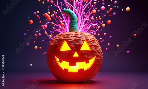 Glowing jack-o-lantern with floating orbs