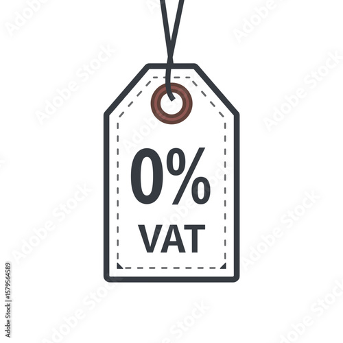 Stylish price tag with zero percent VAT on white background with copy space
